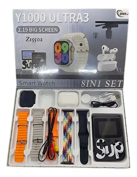 Smartwatch + consola retro 400 juegos + audífonos Bluetooth Combo